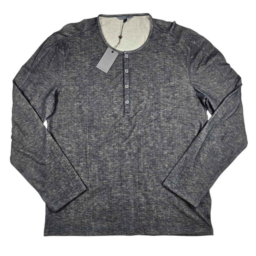 John Varvatos Henley Gray Black 100% Cotton Knit L/S Shirt Men's L NWT $298 MSRP